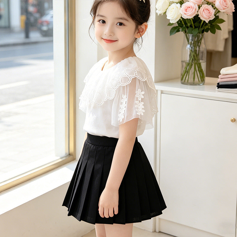 Mädchen T-Shirt mit elegantem Tüllkragen und floralem Detail Drune