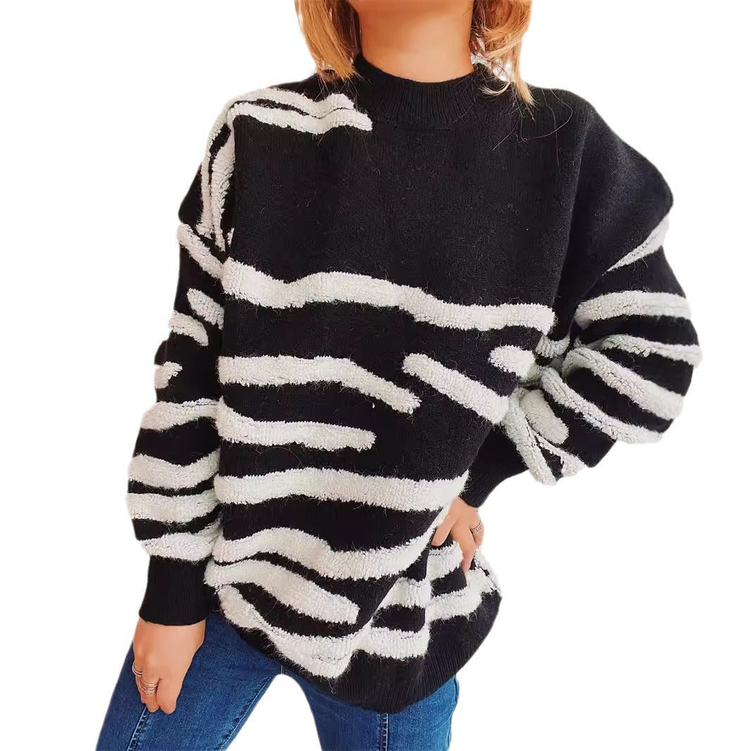 Damen lässiger Strickpullover mit modernem Zebrastreifenmuster Drune