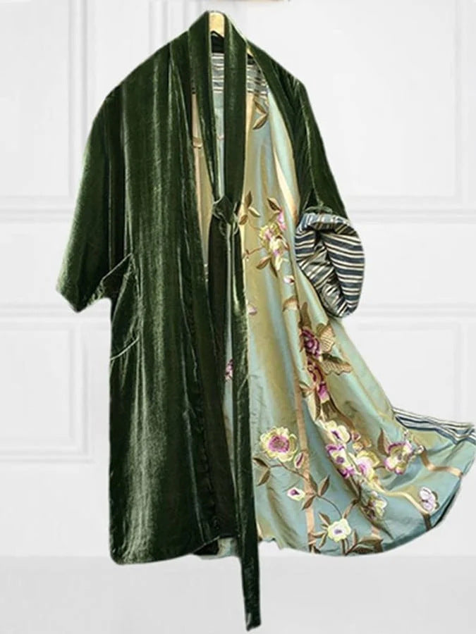 Drune | Satin Digital Floral Taille Gürtel Cardigan Schlafanzug