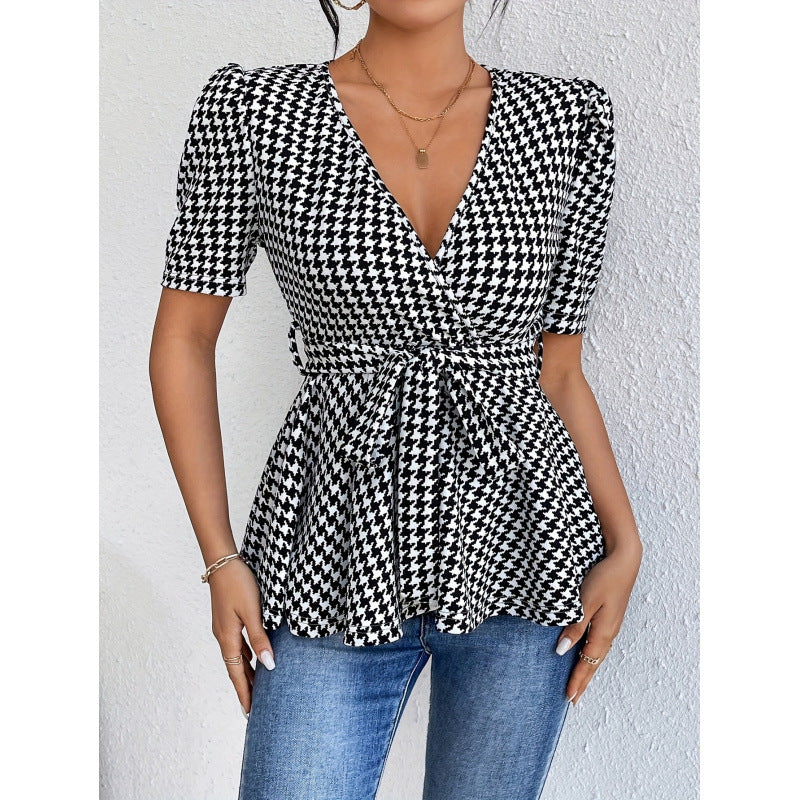 Damen Wickelbluse mit lässigem Schnitt und modischem Hahnentritt-Muster Drune