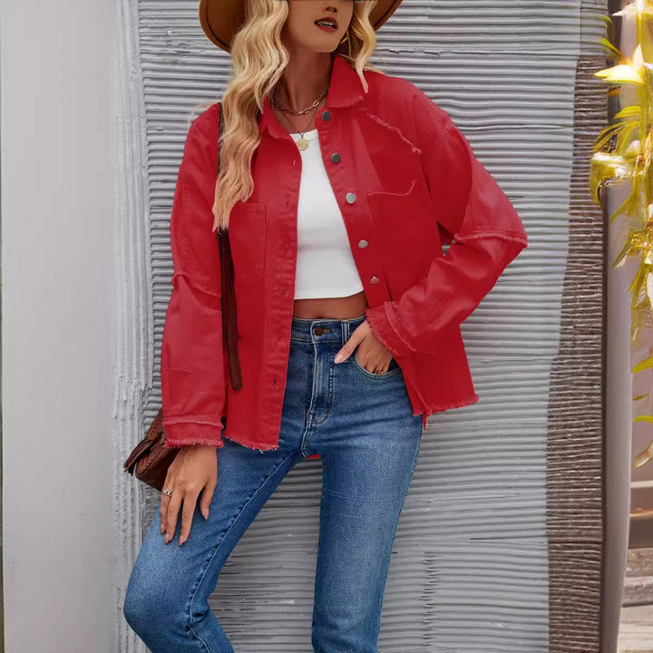 Damen lässige Oversized Jeansjacke mit fransigem Saum Drune