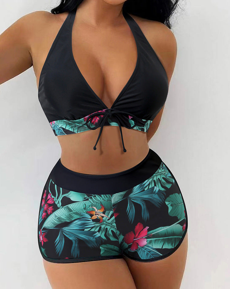 Damen Bikini-Set mit verspieltem Halter-Oberteil und sportlicher Shorts Drune