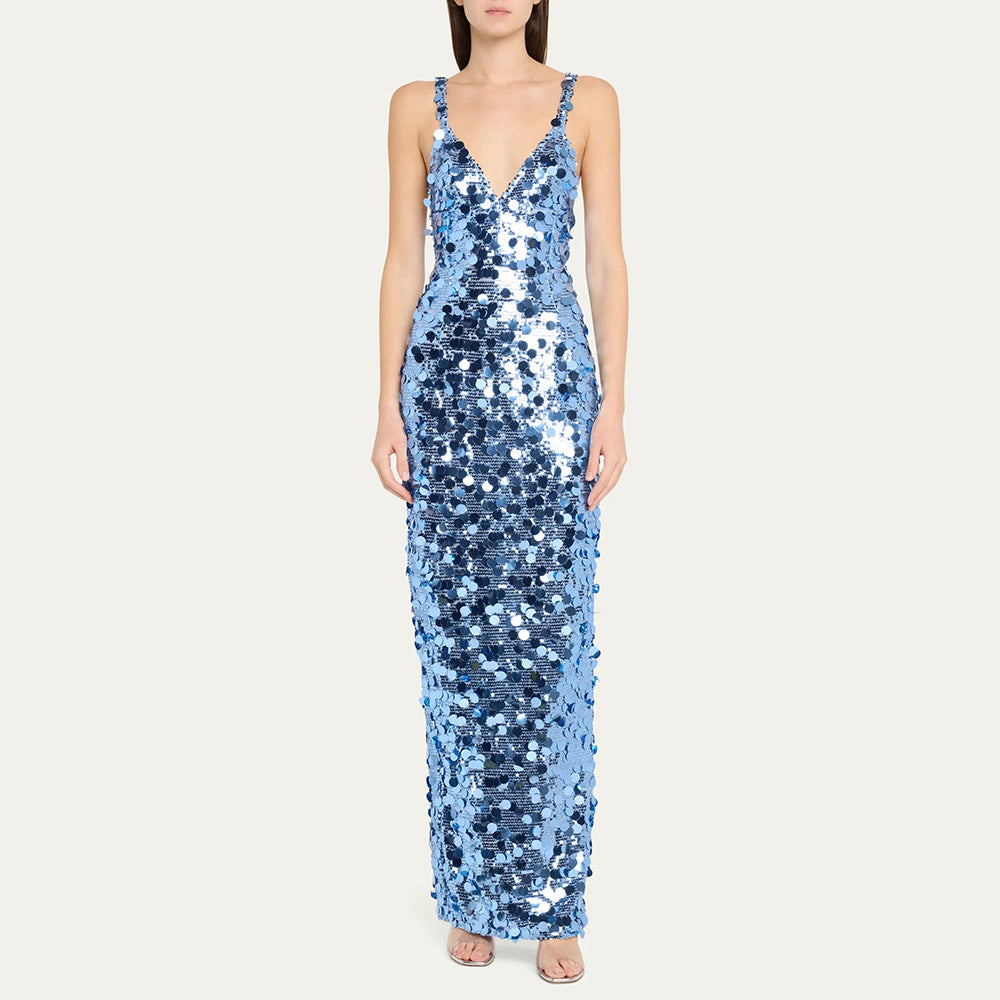 Damen Pailletten Maxikleid mit V-Ausschnitt und schmaler Silhouette Drune