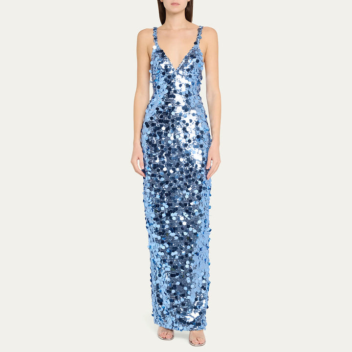 Damen Pailletten Maxikleid mit V-Ausschnitt und schmaler Silhouette Drune
