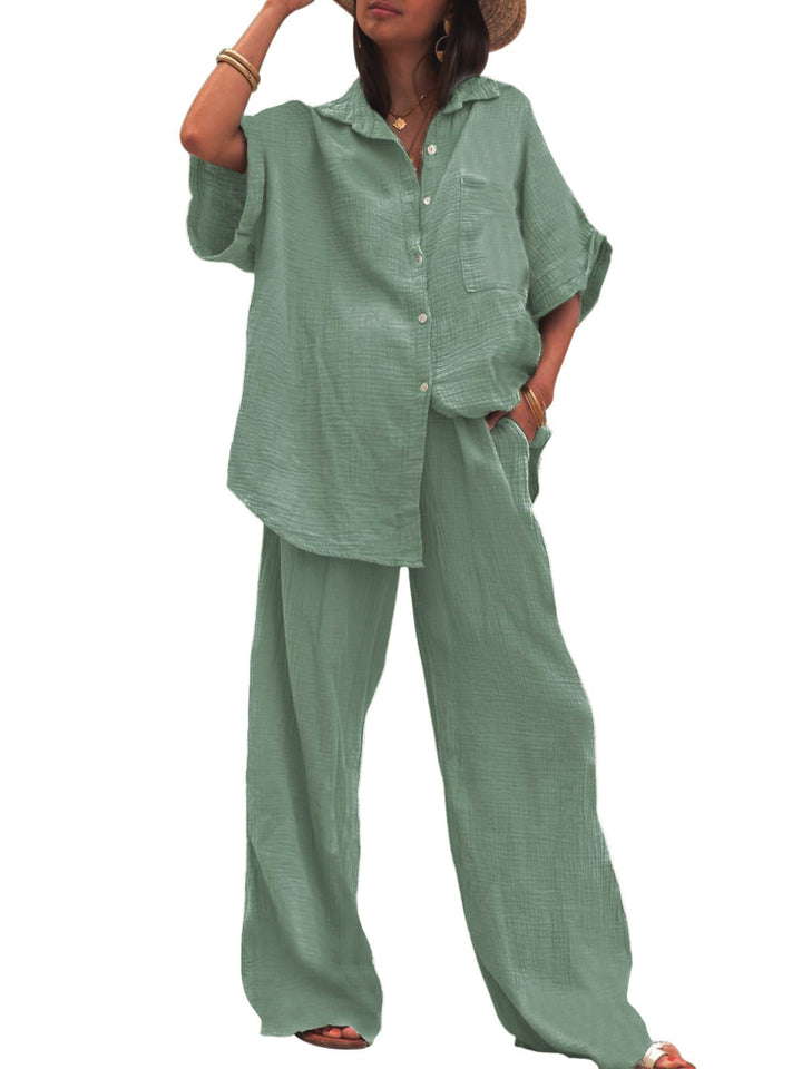 Damen luftiges Oversize-Hemd und weite Hose Set Drune