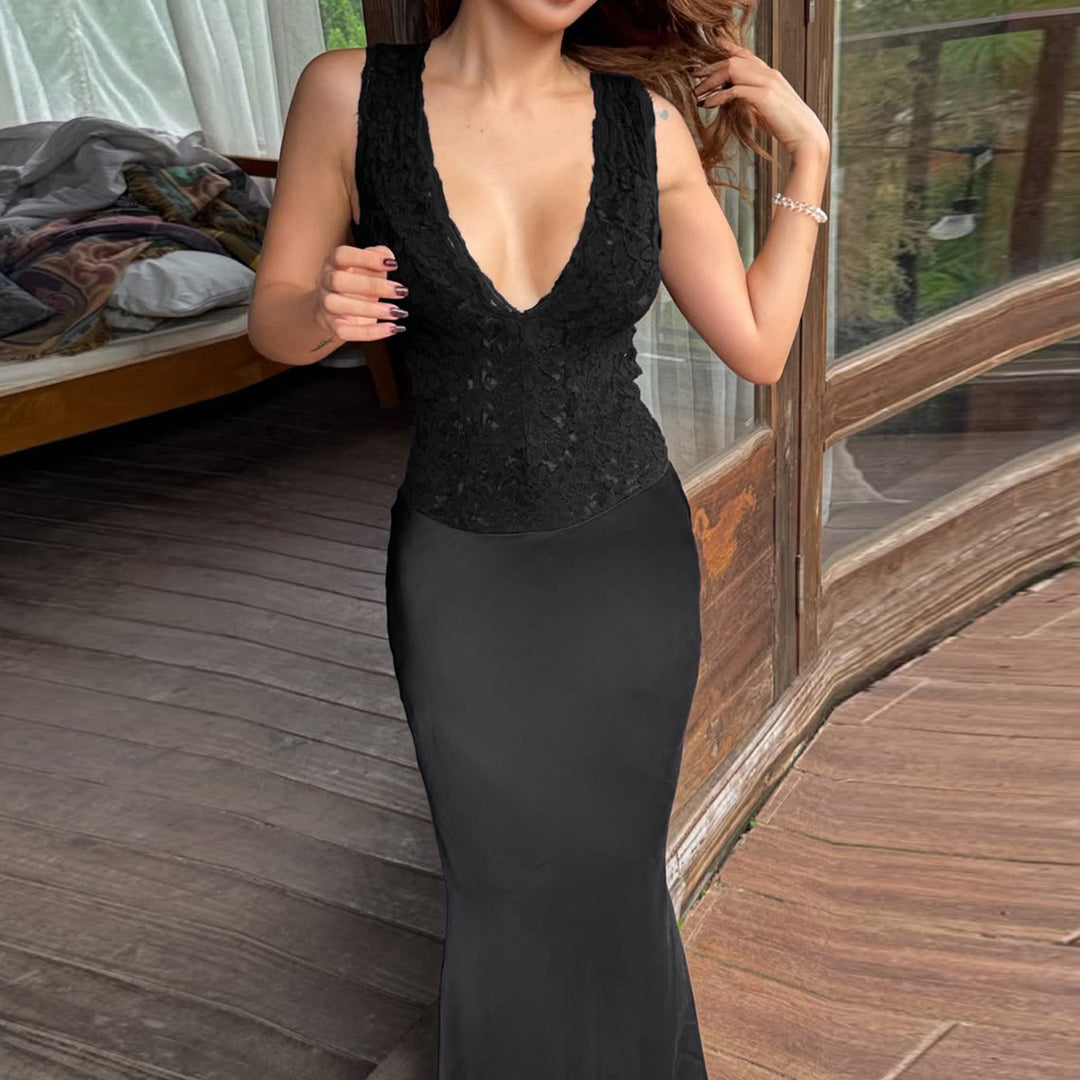 Damen Elegantes Maxikleid mit tiefem V-Ausschnitt und romantischem Spitzenoberteil Drune