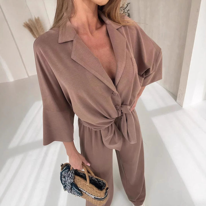 Damen lässiger Jumpsuit mit Bindegürtel und weit geschnittenen Beinen Drune