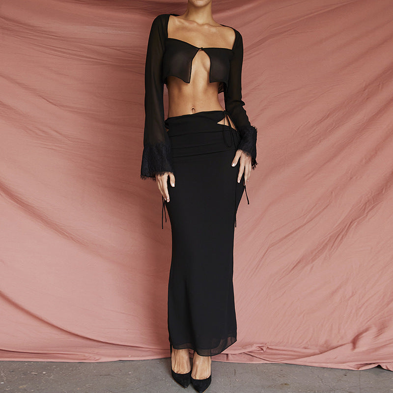 Damen Transparentes Set mit Crop-Top und Maxirock Drune