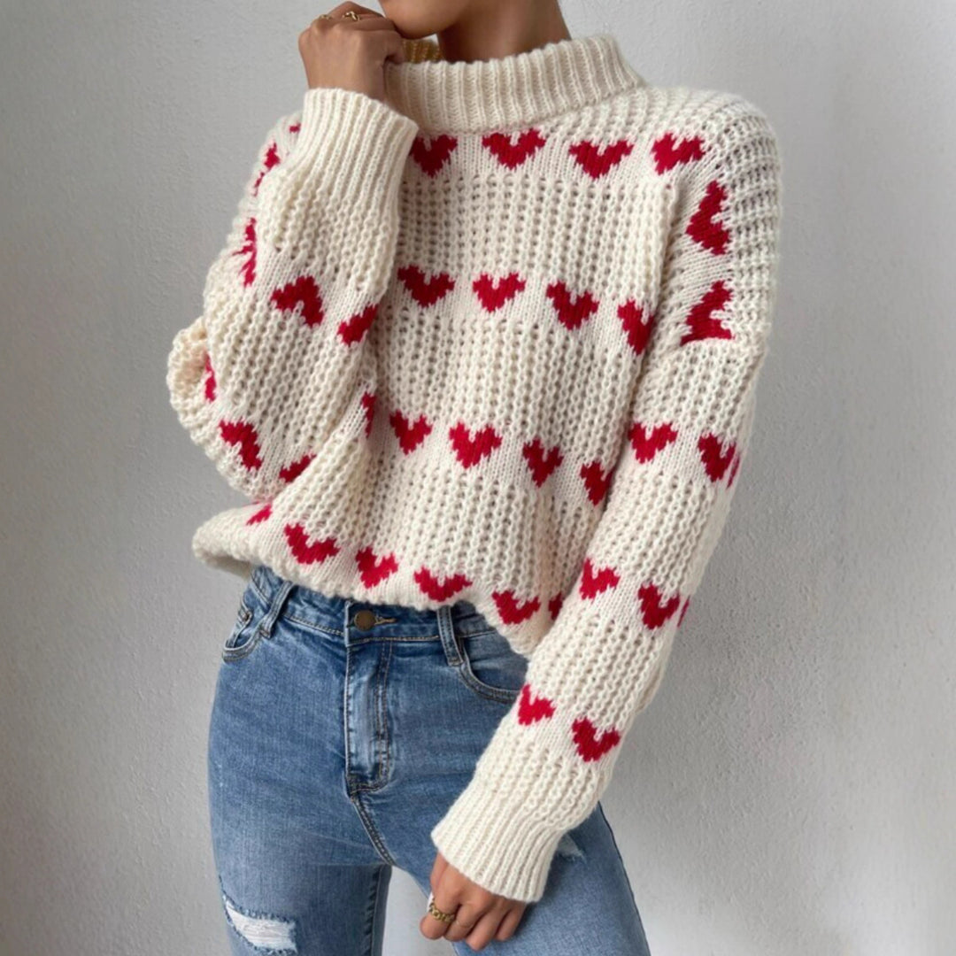 Damen Grobstrickpullover mit Herzmuster und Rollkragen Drune