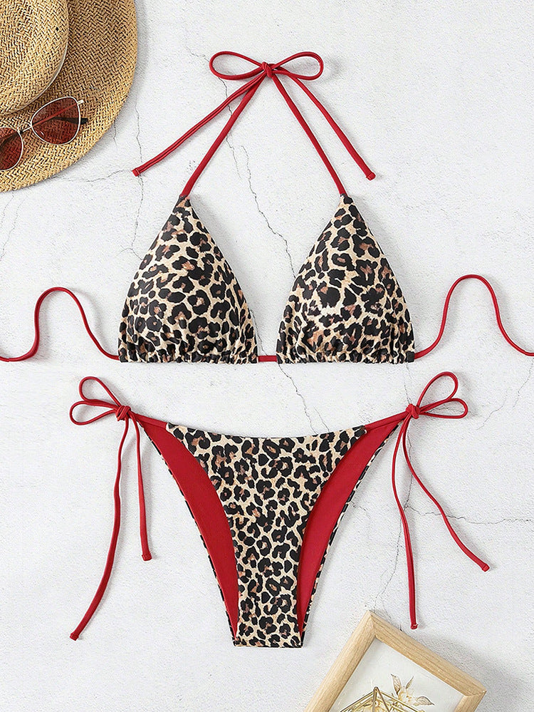 Damen Triangel-Bikini-Set mit verstellbaren Bindebändern und animalischem Design Drune