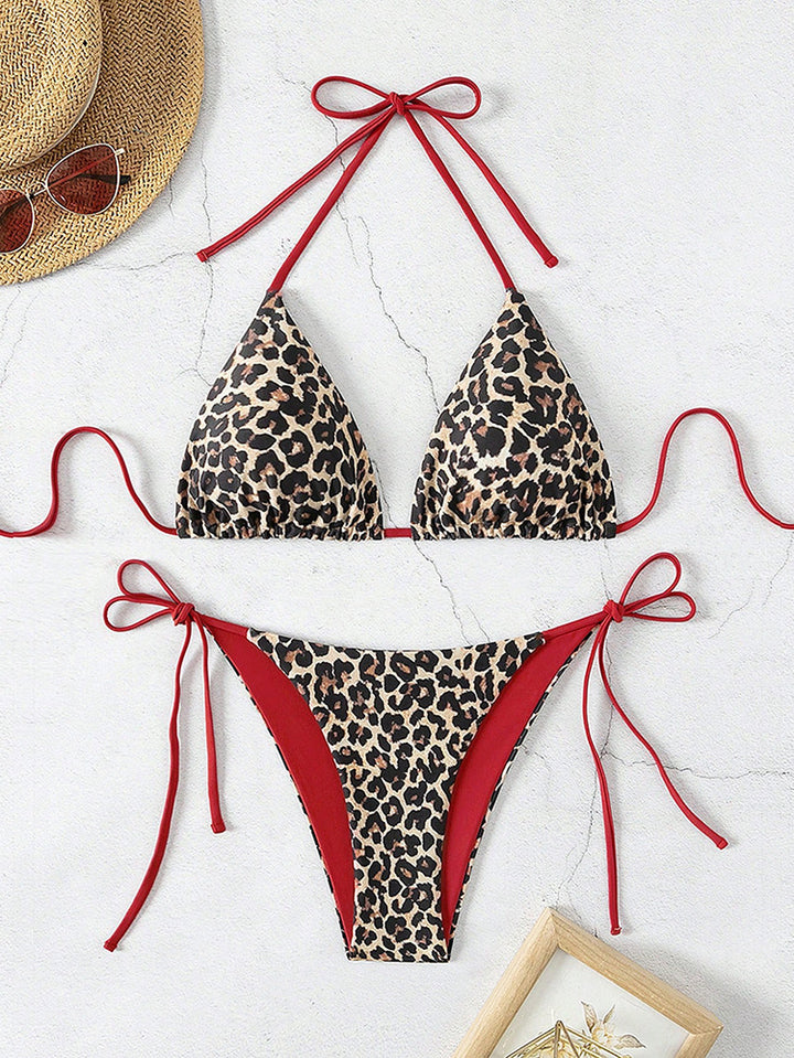 Damen Triangel-Bikini-Set mit verstellbaren Bindebändern und animalischem Design Drune