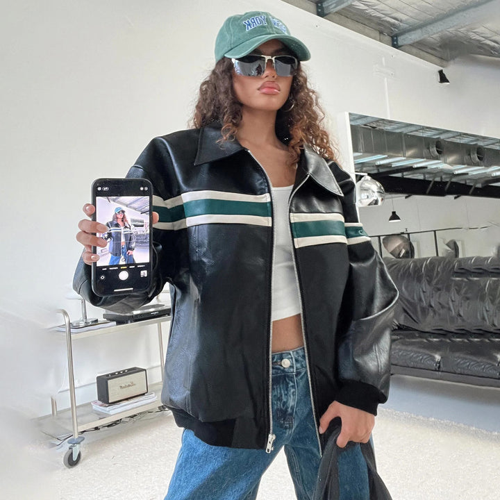 Damen modische Kunstlederjacke mit sportlichem Streifen-Design und lässigem Schnitt Drune