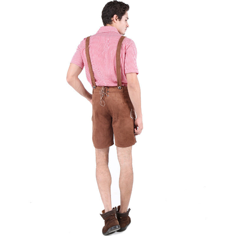 Herren nan alpine Trachtenlederhose im Retro-Stil mit Latz, Zierstickerei und Seitentaschen Drune