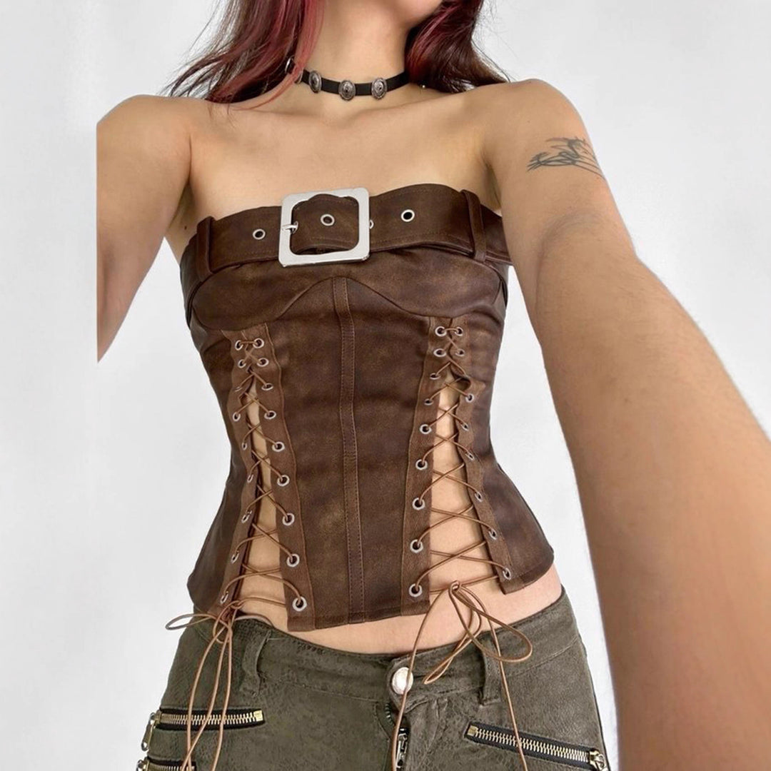 Damen Leder-Corsage mit Schnüroptik und dekorativem Gürtel Drune