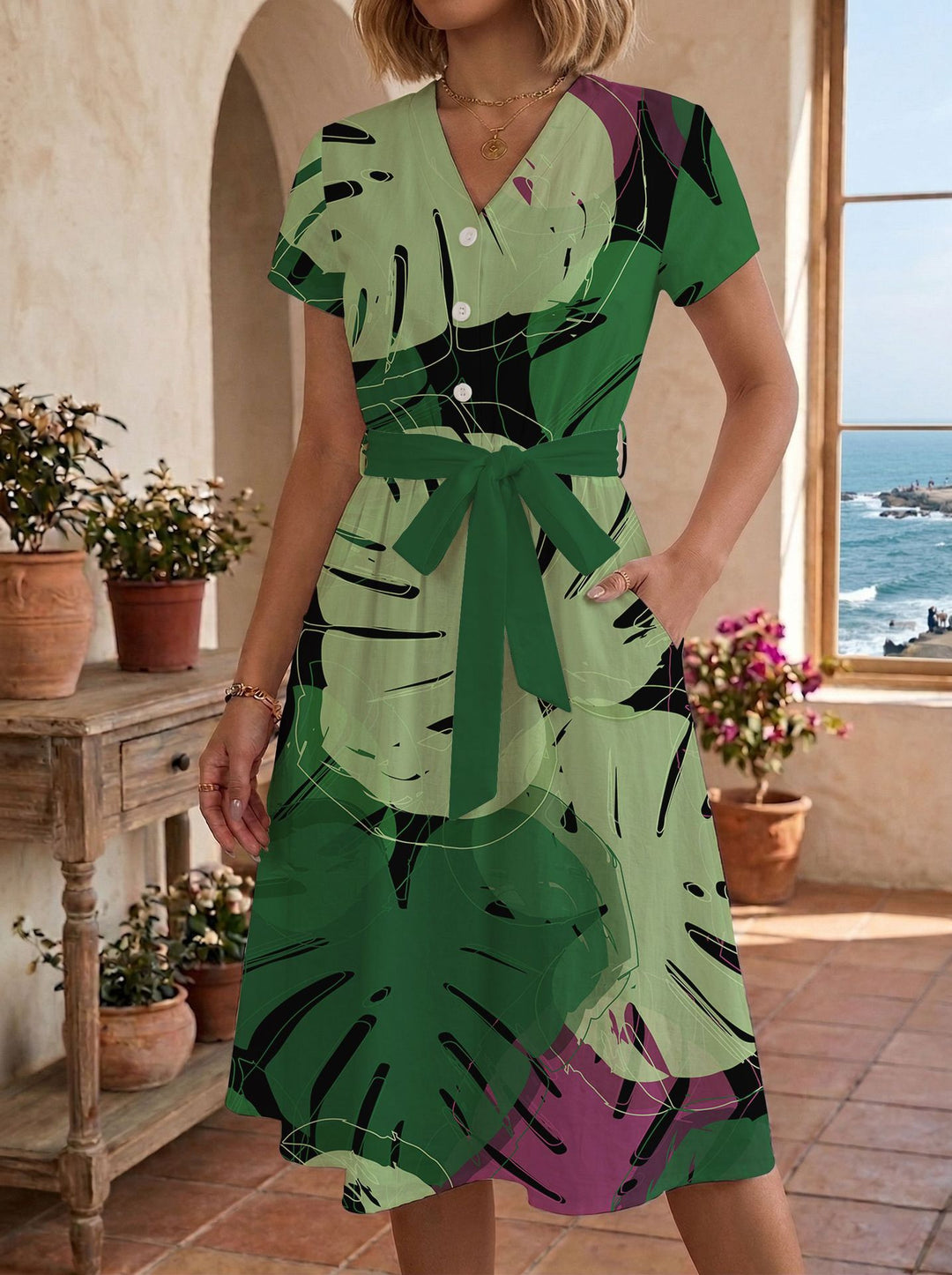Damen lässiges Maxikleid mit taillierbarem Knoten und dekorativem Karomuster Drune