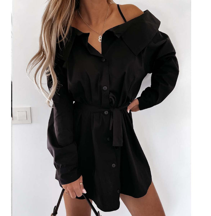 Damen Hemdblusenkleid im eleganten Off-Shoulder-Stil mit taillierbarem Gürtel Drune