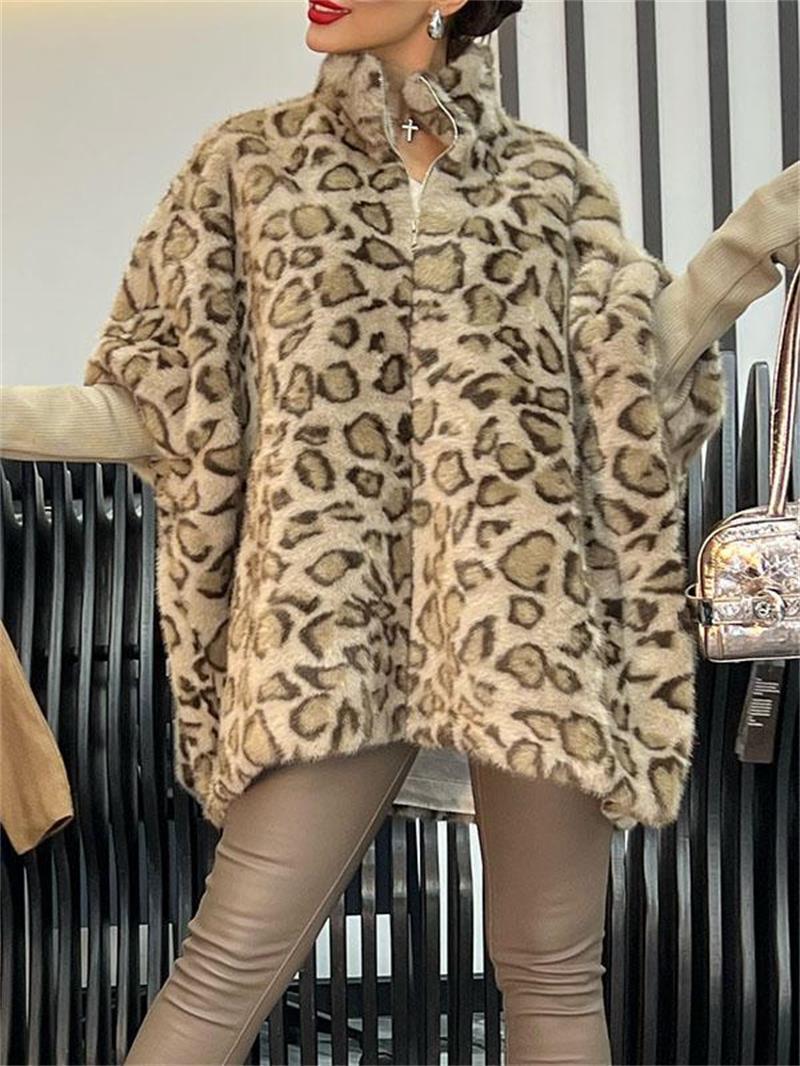 Damen Steppmantel mit Leopardenmuster und hohem Kragen Drune