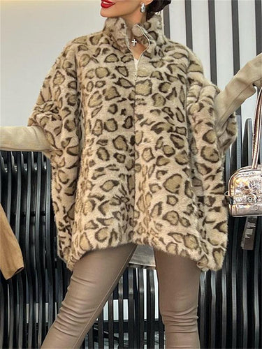 Damen Steppmantel mit Leopardenmuster und hohem Kragen Drune