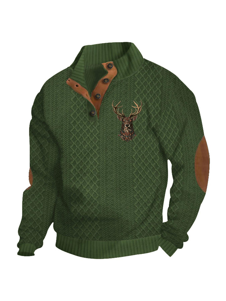 Herren nan Heritage-Strukturpullover mit Stehkragen Lederimitat-Besatz Ellenbogen-Patches und Halbknopfleiste Drune