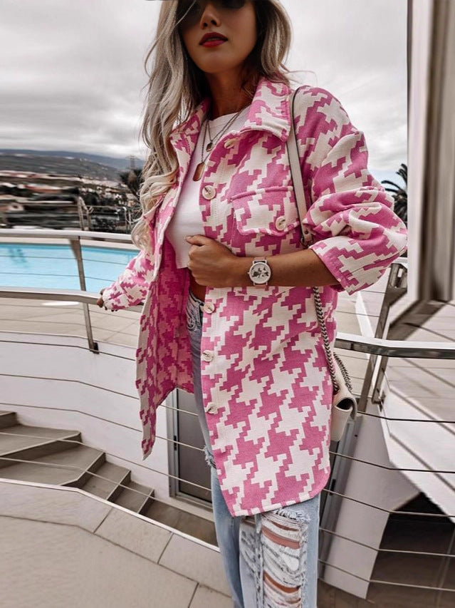 Damen Oversized Hemdjacke im modernen Hahnentritt-Design Drune