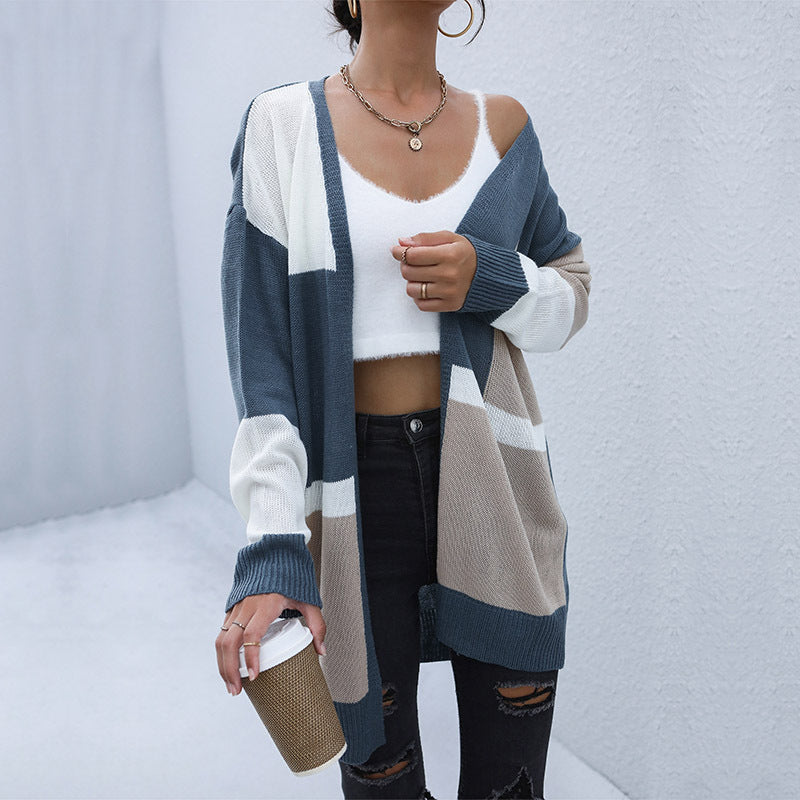 Damen gestreifter Strickcardigan mit offenem Schnitt und lässigen Ärmeln Drune
