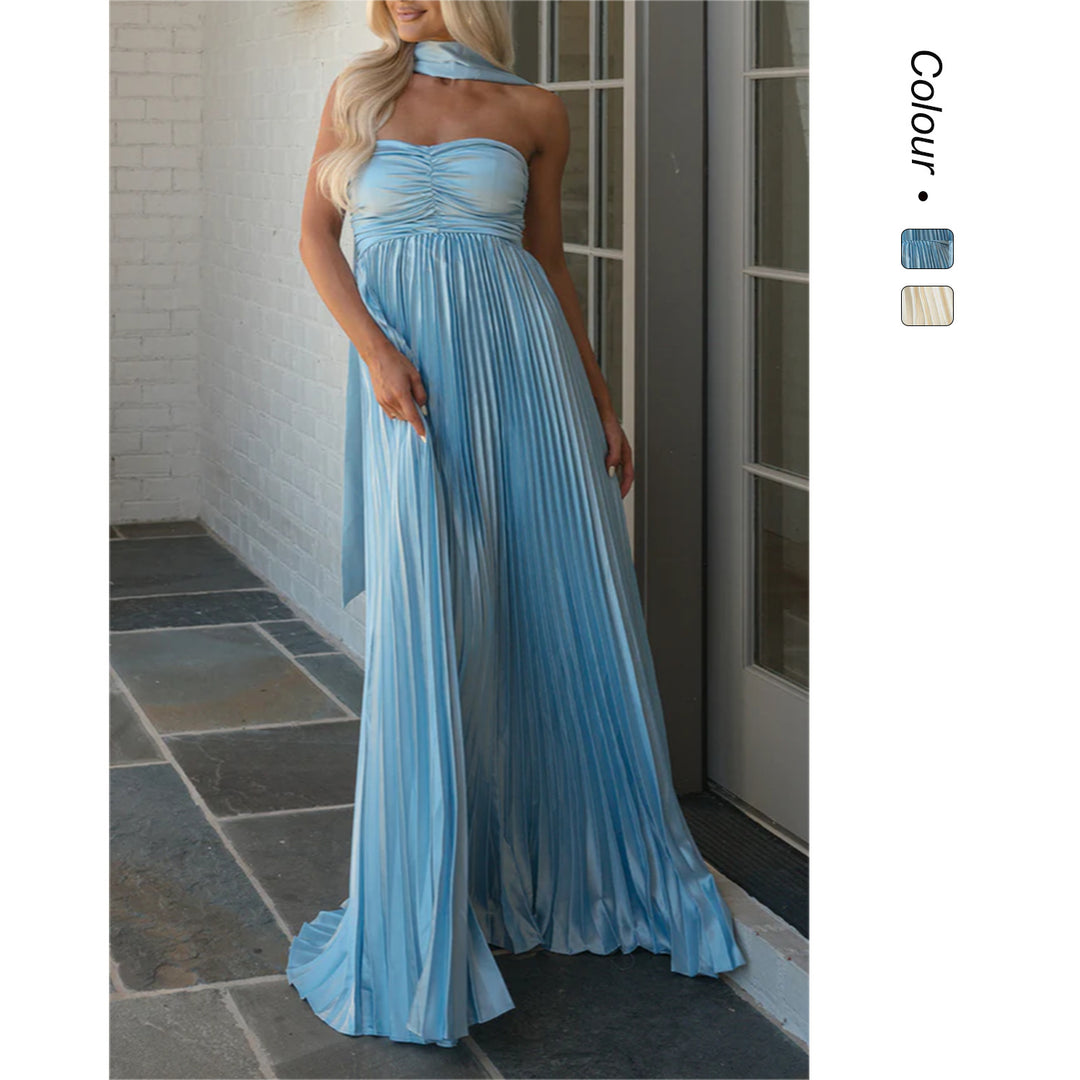 Damen Langarm Maxi-Kleid mit elegantem Faltenrock und schulterfreier Silhouette Drune