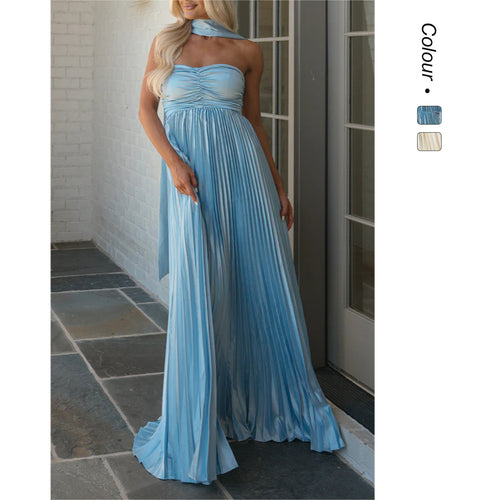 Damen Langarm Maxi-Kleid mit elegantem Faltenrock und schulterfreier Silhouette Drune