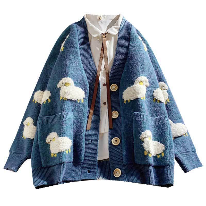 Damen gemusterte Strickjacke mit niedlichem Schafe-Motiv und praktischen Taschen Drune