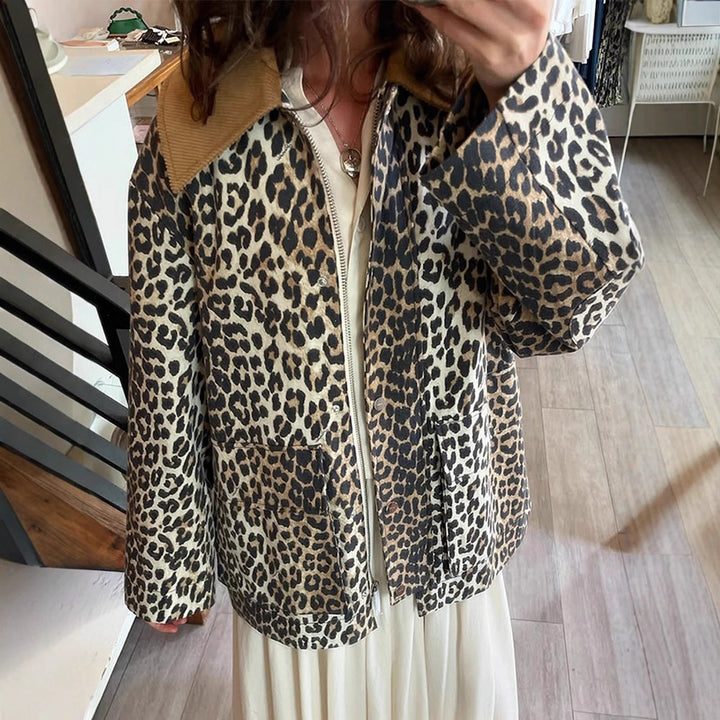 Damen modische Leopardenjacke mit funktionalen Taschen und umschlagbarem Kragen Drune
