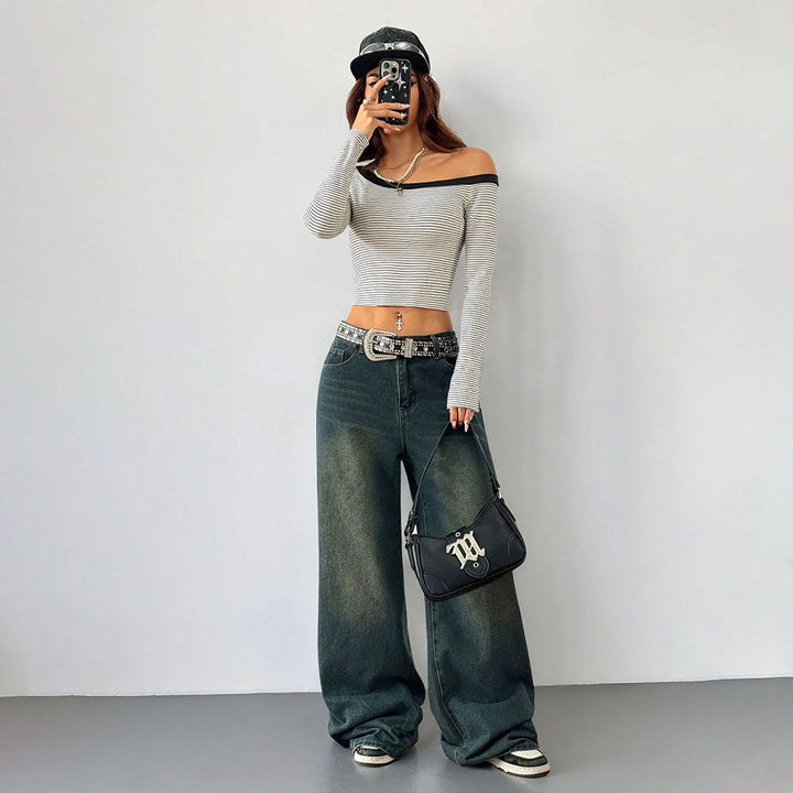 Damen Off-Shoulder Langarmshirt mit gestreiftem Design Drune