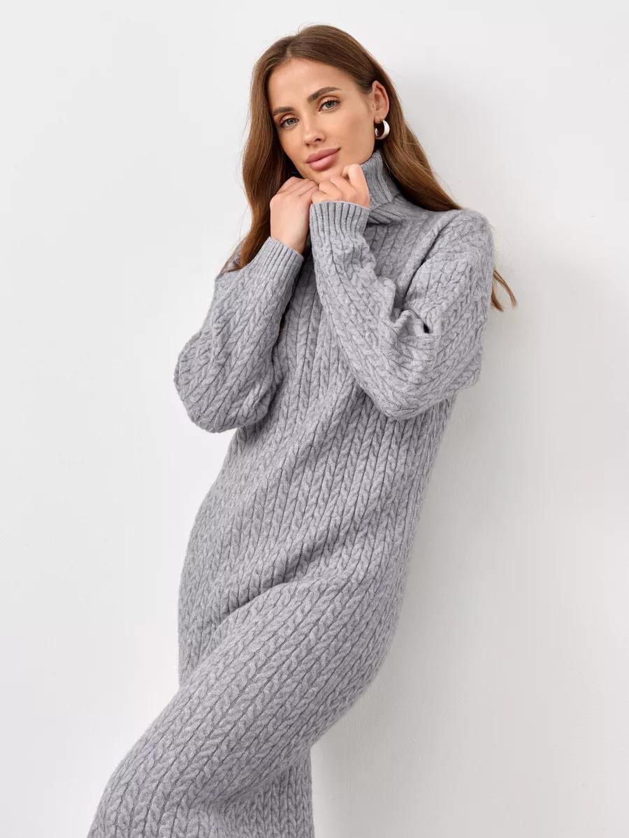 Damen Strickkleid mit hohem Kragen und Zopfmuster Drune