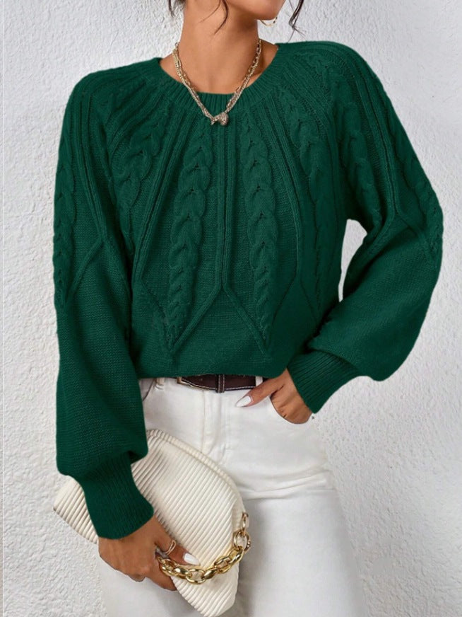 Damen nan kurzer Zopfmuster-Strickpullover mit Ballonärmeln und geripptem Saum Drune