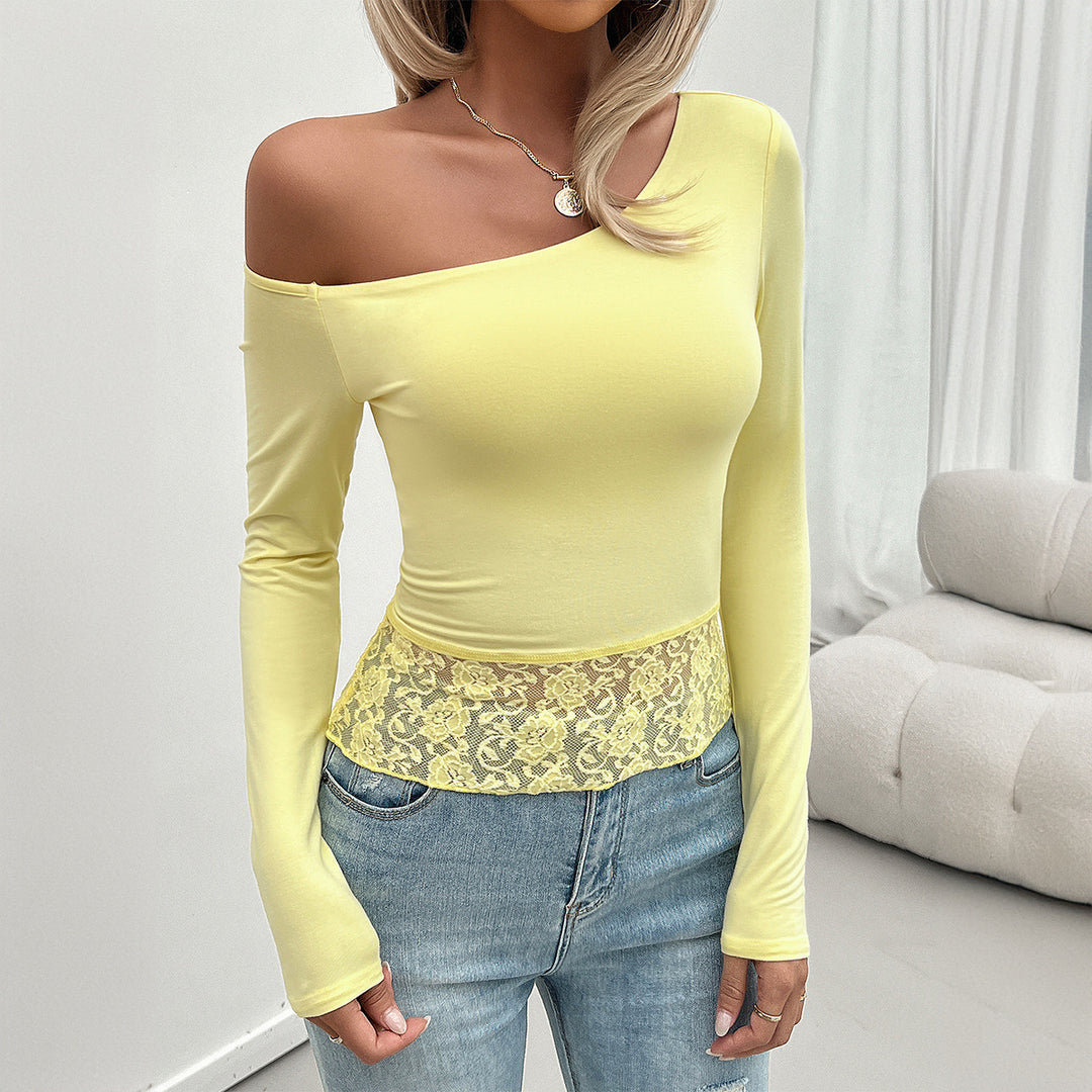 Damen Lässiges Off-Shoulder Oberteil mit Spitzenbesatz Drune