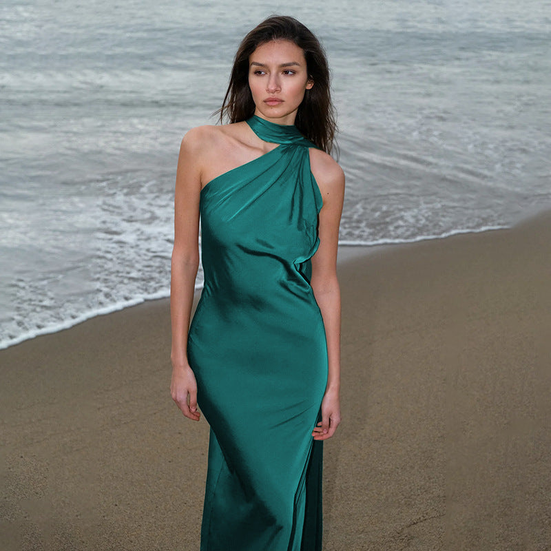 Damen elegantes Maxikleid mit asymmetrischem Halterdesign und seidigem Obermaterial Drune