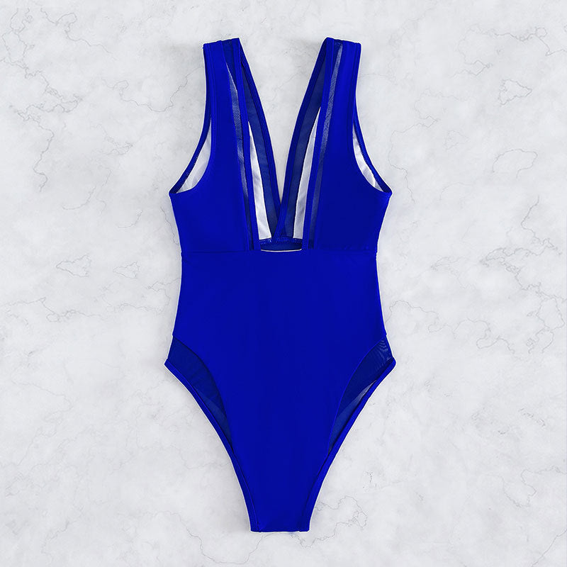 Damen Sportlicher Einteiler Badeanzug mit tiefem V-Ausschnitt Drune