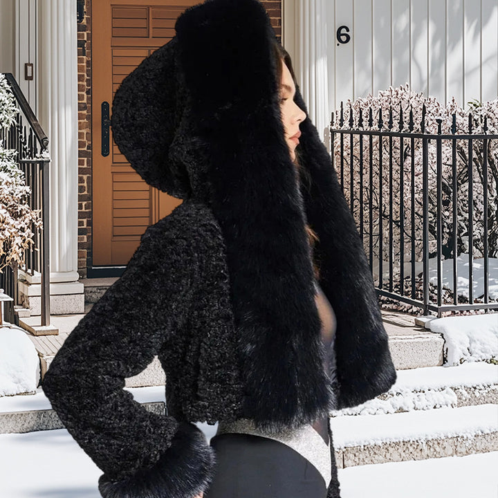 Damen luxuriöse Kunstpelzjacke mit voluminösen Ärmeln Drune