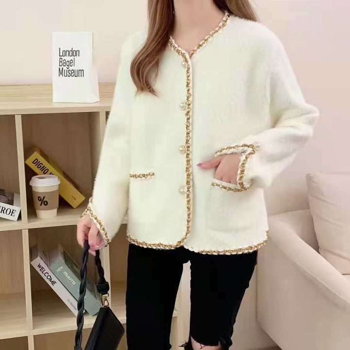 Damen Elegante Strickjacke mit dekorativen Perlenknöpfen und feiner Struktur Drune