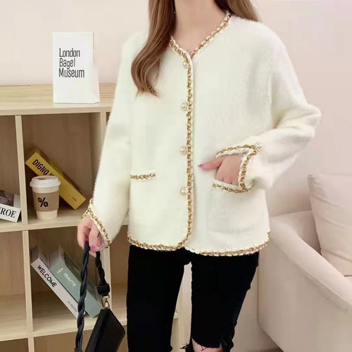 Damen Elegante Strickjacke mit dekorativen Perlenknöpfen und feiner Struktur Drune