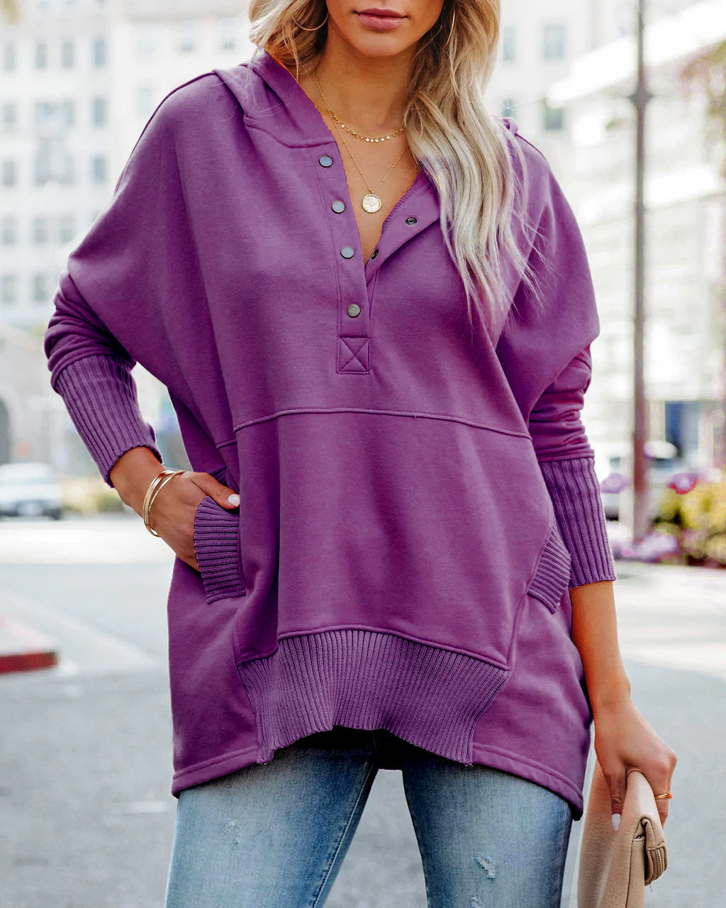 Damen Oversized Kapuzenpullover mit Knopfleiste und seitlichen Eingrifftaschen Drune