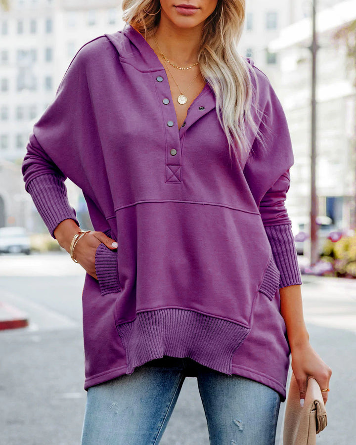 Damen Oversized Kapuzenpullover mit Knopfleiste und seitlichen Eingrifftaschen Drune