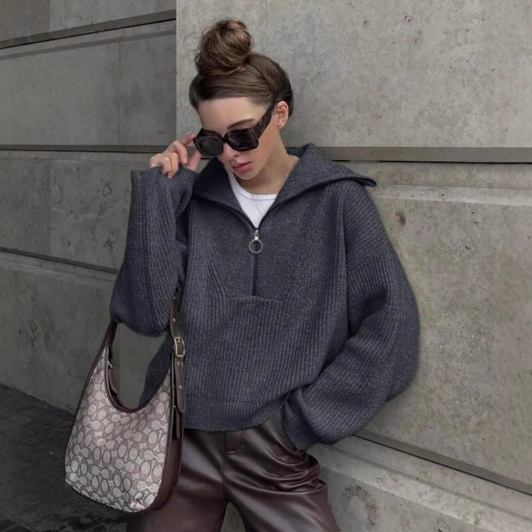 Damen Grober Strickpullover mit Stehkragen und Reißverschluss Drune