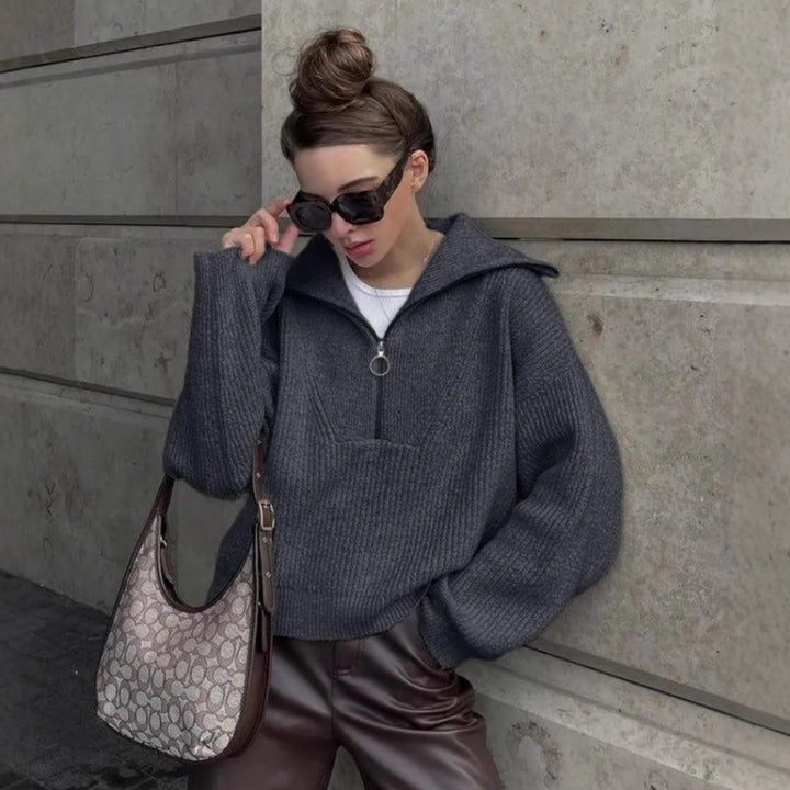 Damen Grober Strickpullover mit Stehkragen und Reißverschluss Drune