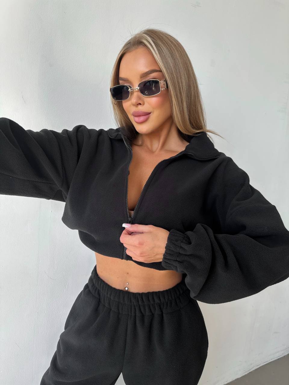 Damen lässiger Fleece Crop-Pullover und Freizeithosen Drune