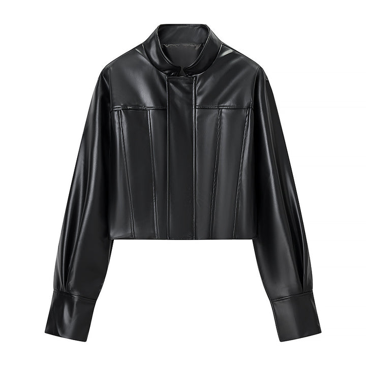 Damen Modische Kunstlederjacke mit elegantem Stehkragen und strukturiertem Design Drune