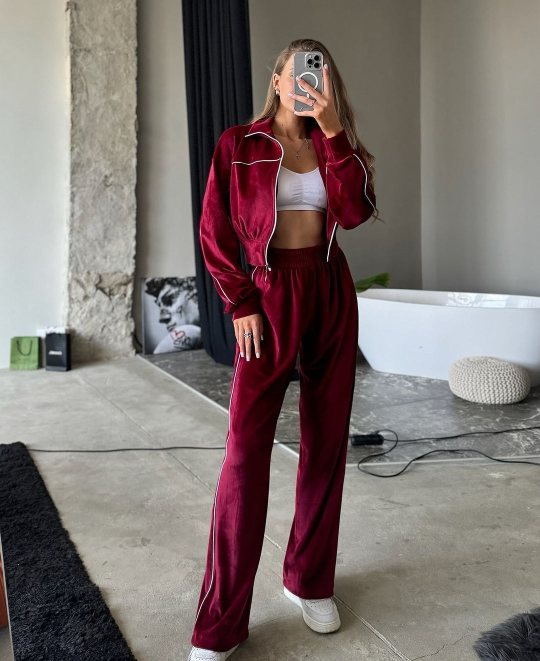 Damen Sportliches Velours-Joggingset mit hohem Kragen und Reißverschluss Drune