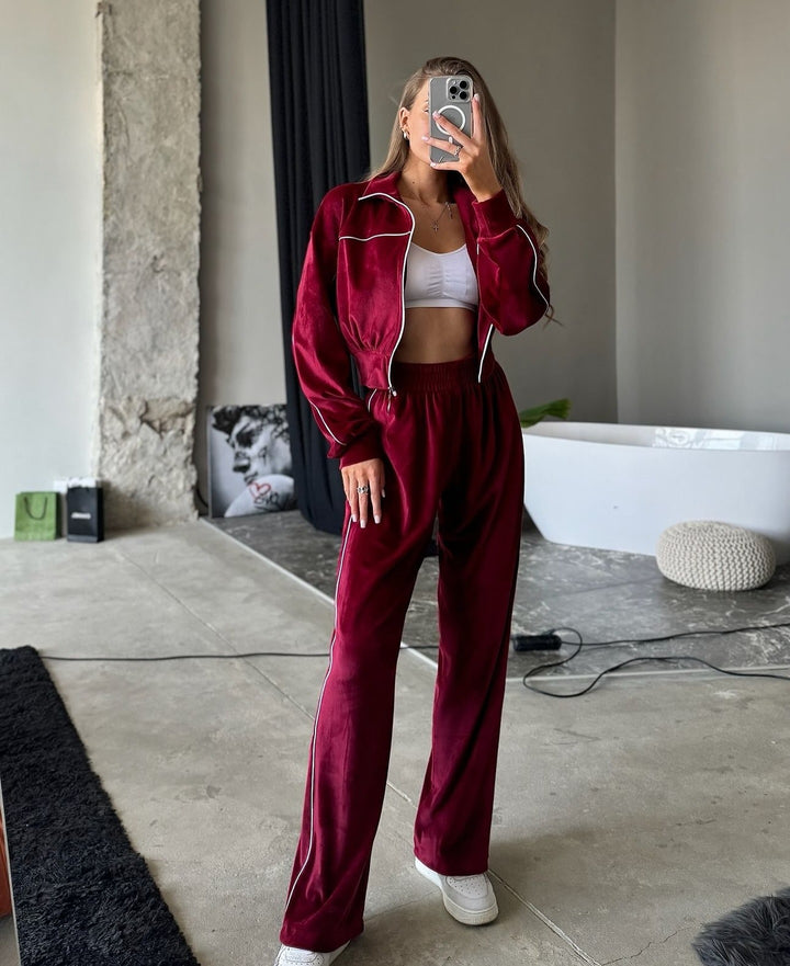 Damen Sportliches Velours-Joggingset mit hohem Kragen und Reißverschluss Drune