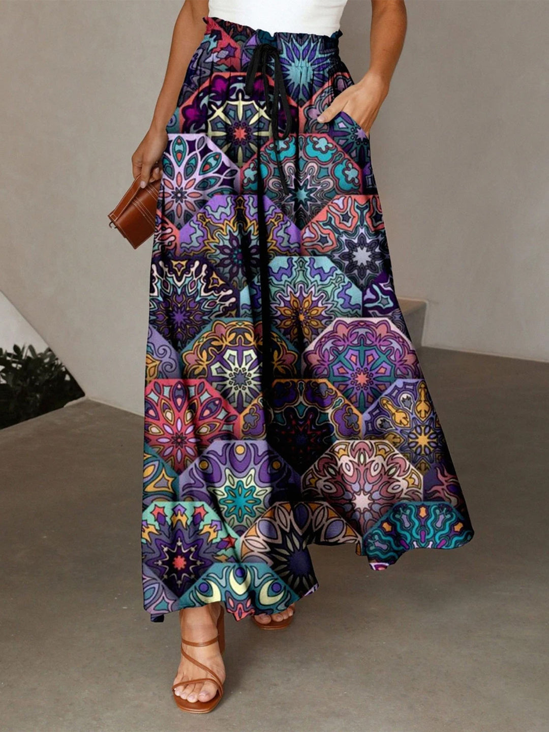 Damen Maxirock mit buntem Mandala-Muster und seitlichen Taschen Drune