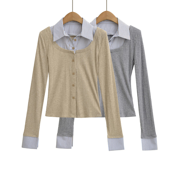 Damen Langarmshirt mit eleganter Knopfleiste und Streifenmustern Drune