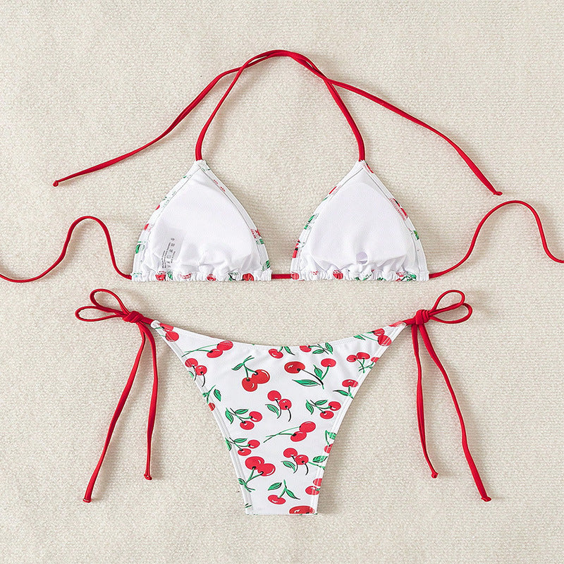 Damen Triangel-Bikini mit fröhlichem Kirschmuster und verstellbaren Bindebändern Drune
