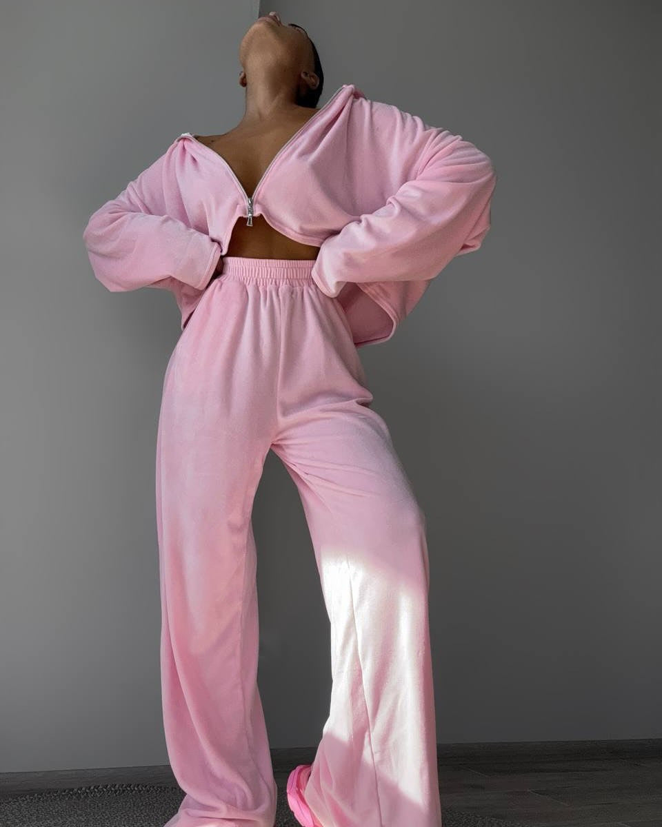 Damen Modisches Velours Set mit cropped Oberteil und weit geschnittenen Hosen Drune